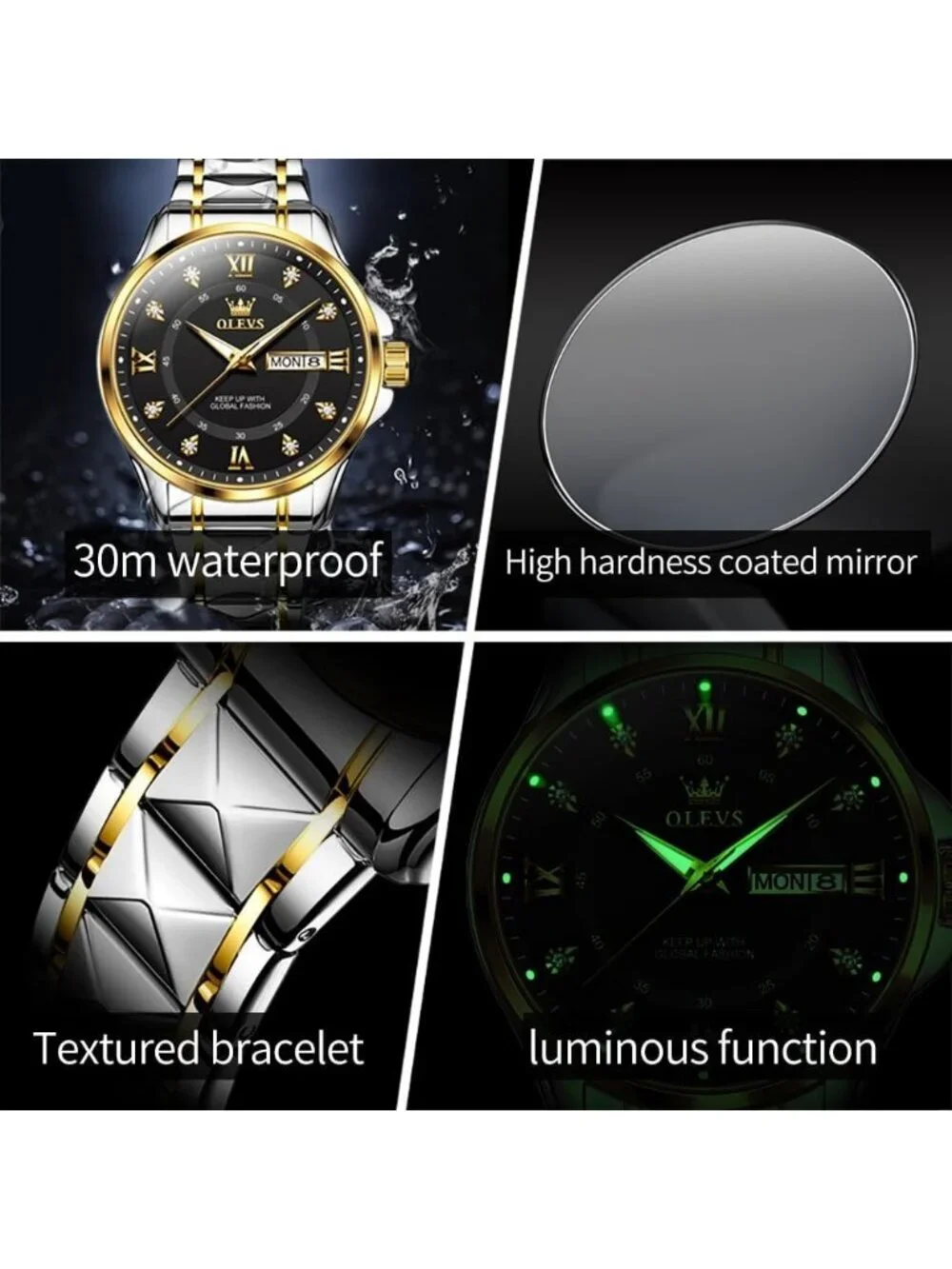 Olevs Men's Silver Gold Stainless Analog Quartz Waterproof Luminous Wrist Watch